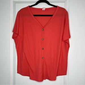 7th Ray Coral Waffle Knit Button Down Top Blouse Size Small Oversize Relaxed Fit